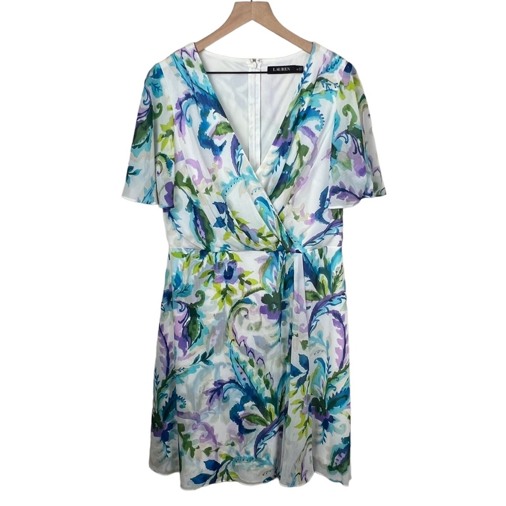 Lauren Ralph Lauren Womens 12 Dress White Floral Faux Wrap V-Neck Flutter Sleeve